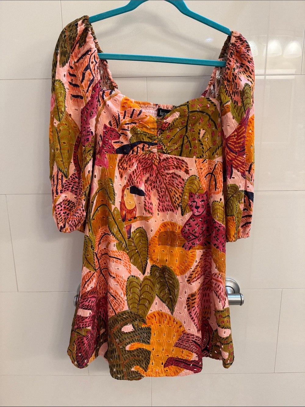 Pink Tropical Print Mini Dress with Square Neck